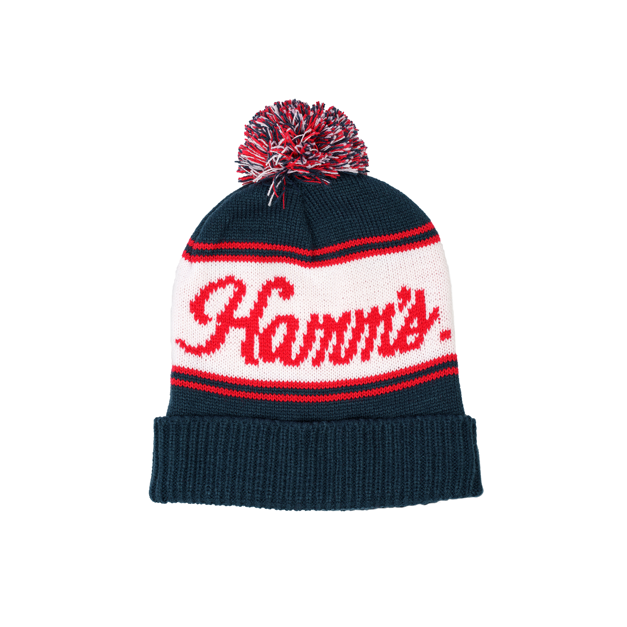 Navy Hamm's Pom Beanie with Red and White Stripes